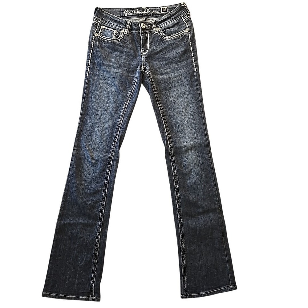 Grace In LA Jeans Womens 5/26 Bootcut Bling Cross Flap Dark Wash Denim Stretch